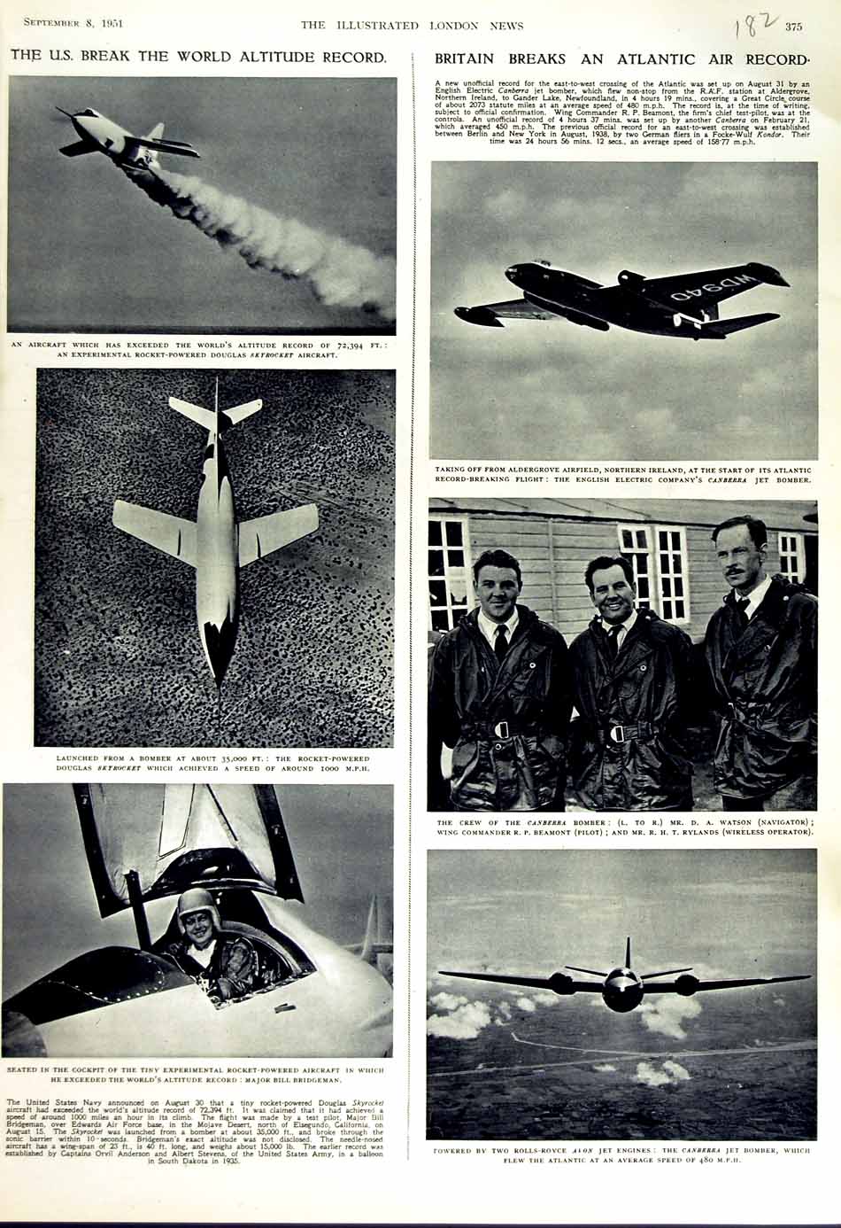 Original Old Vintage Print 1951 America Aircraft Skyrocket Watson Canberra Jet