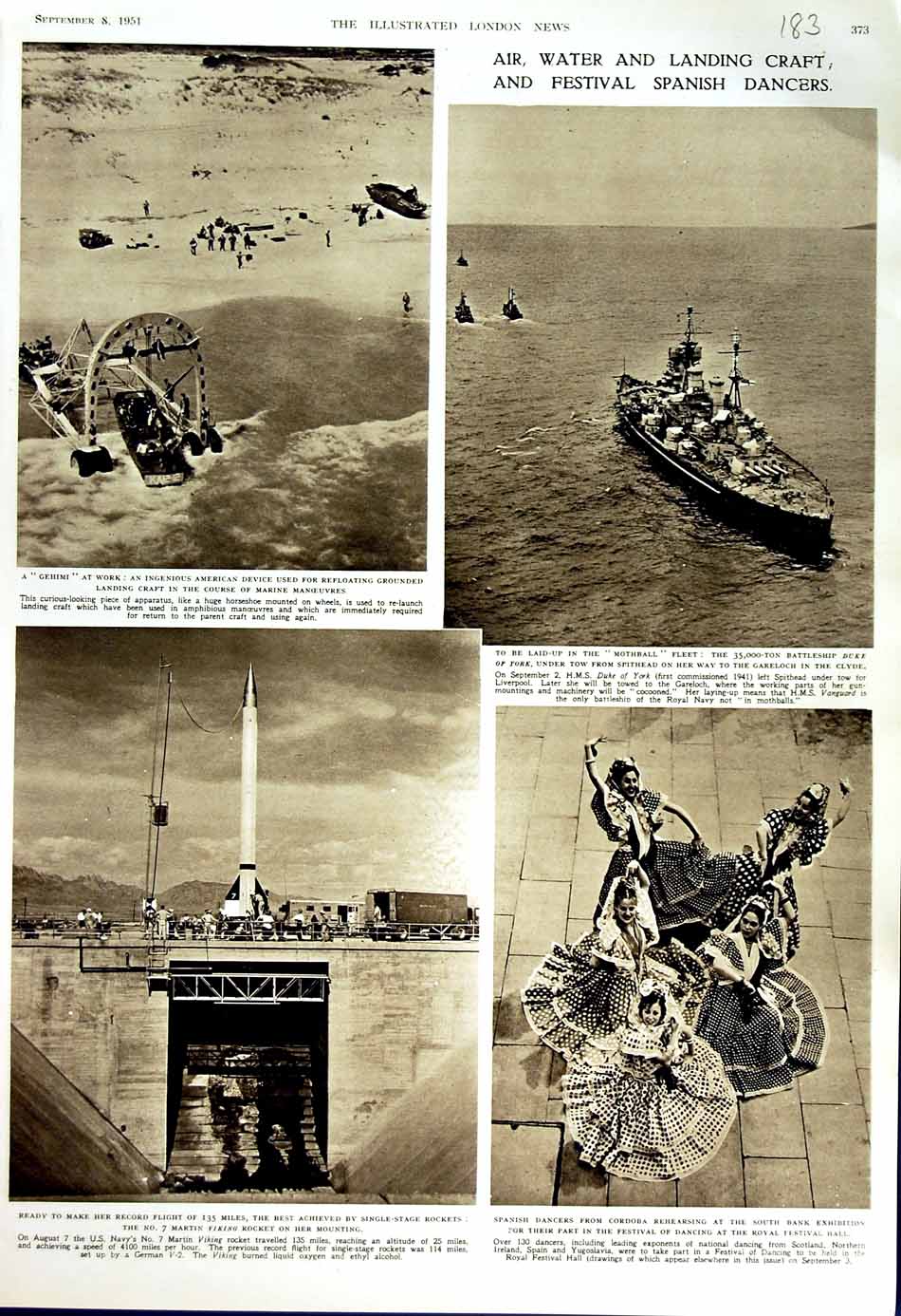 Original Old Vintage Print 1951 Mothball Ship Duke Gehimi Rocket Viking Dancers