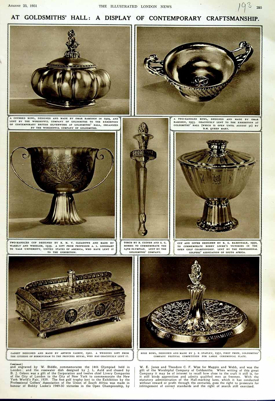 Original Old Vintage Print 1951 Gsmith Hall Mappin Webb Bowl Cup Casket Ramsden