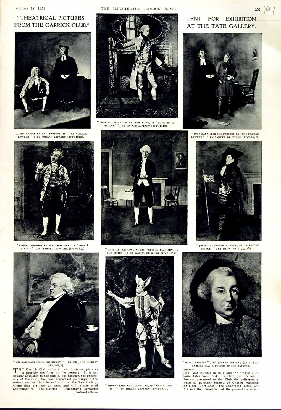 Old Vintage Print 1951 Theatre Tate Gallery Zoffany Wilde Gilbert Garrick 20th