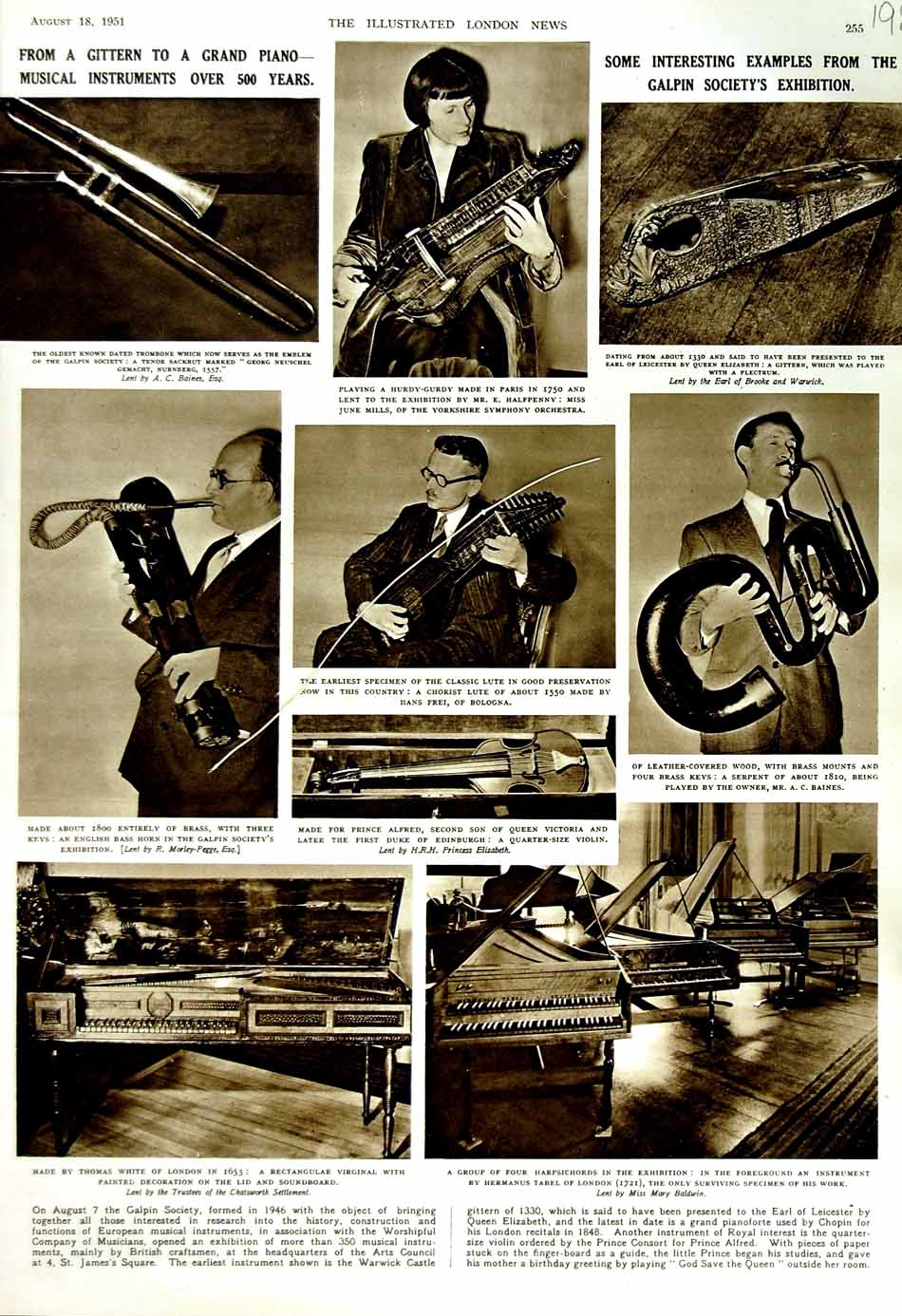 Original Old Vintage Print 1951 Musical Instruments Galpin Piano Tabel White