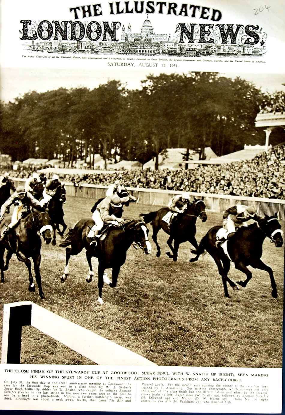 Original Old Vintage Print 1951 Stewards Cup Goodwood Sugar Bowl Sport Horses