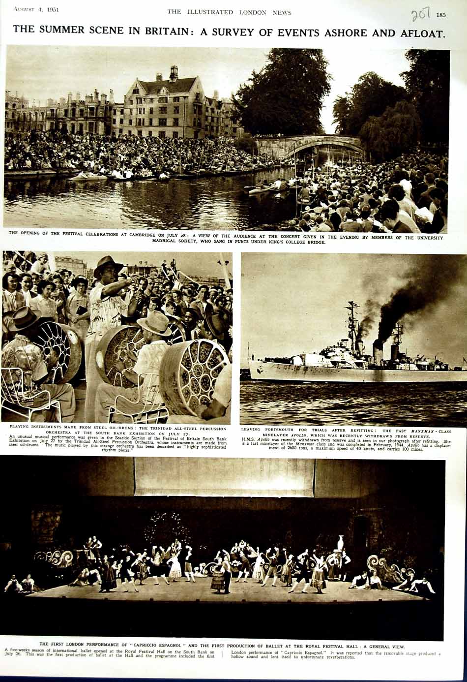 Original Old Vintage Print 1951 Britain Cambridge Ballet Capricco Espagnol Ship