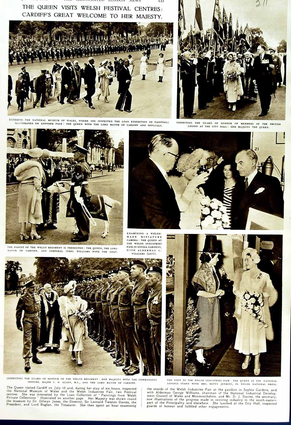 Old Vintage Print 1951 Queen Wales Mayor Cardiff Jenkins Loan Exhibition 20th