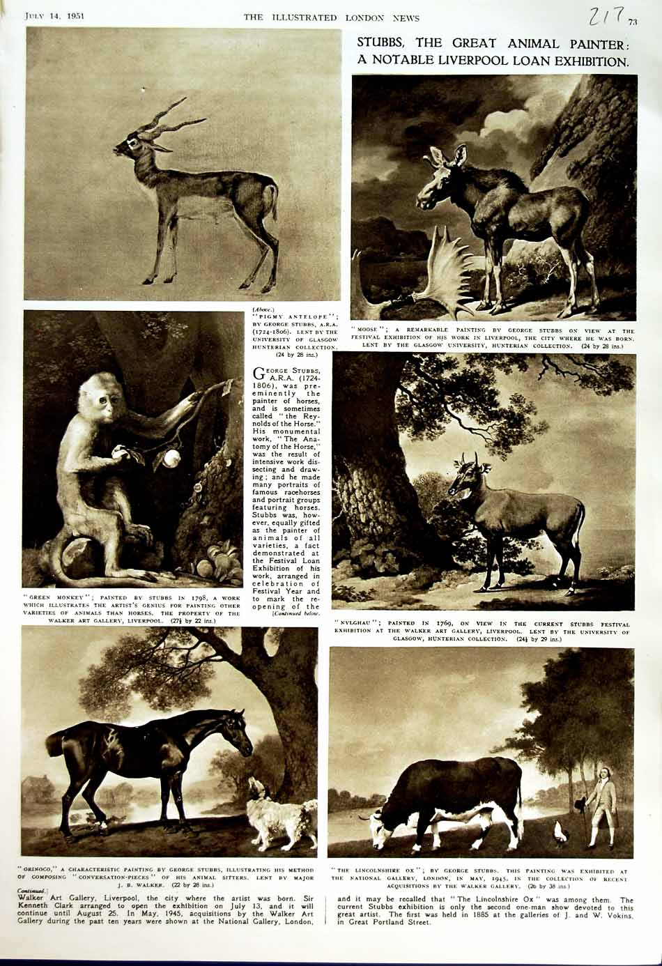 Old Vintage Print 1951 Stubbs Art Animal Painter Liverpool Walker Gallery 20th