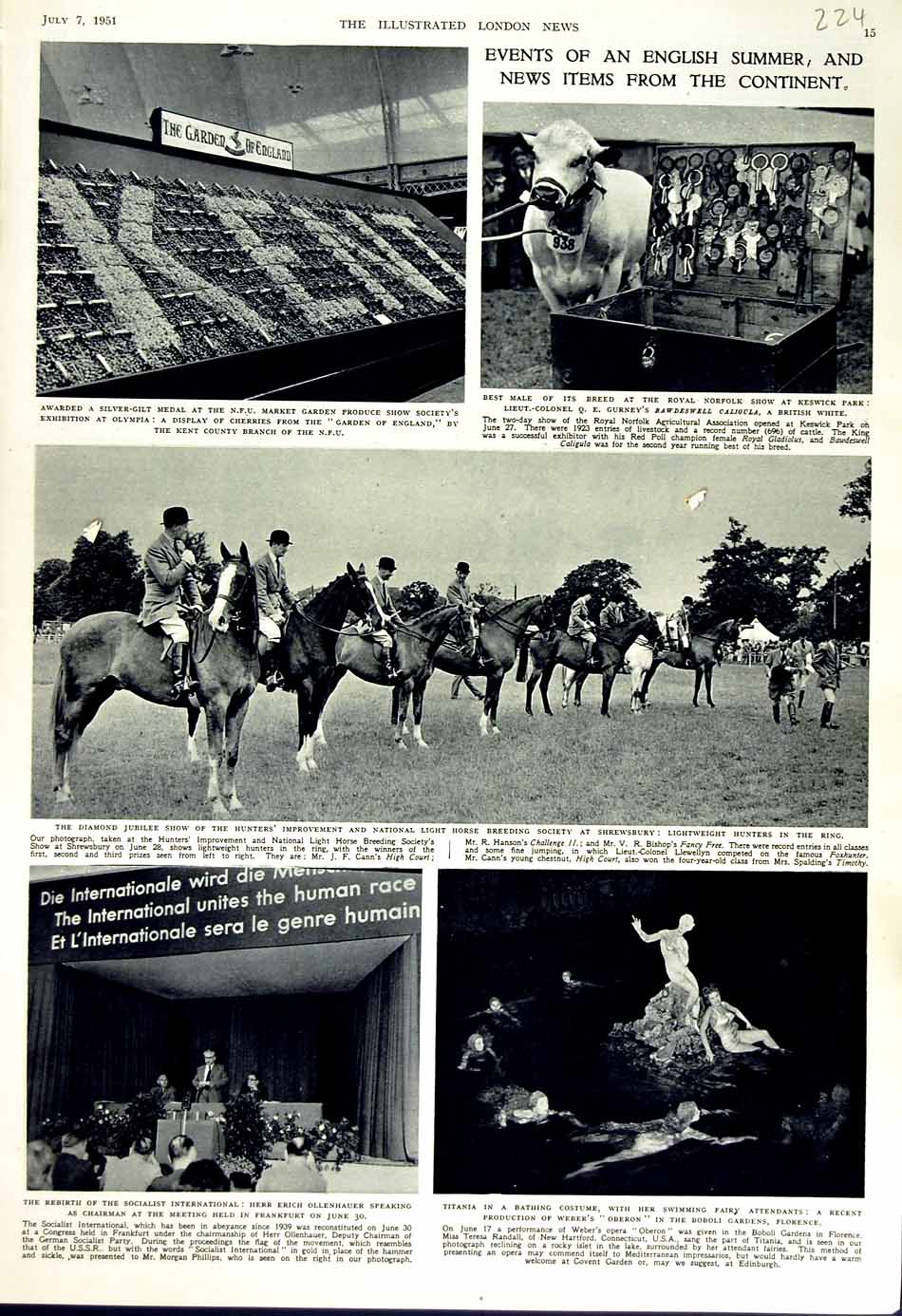 Original Old Vintage Print 1951 Horse Show Shrewsbury Olympia Boboli Oberon