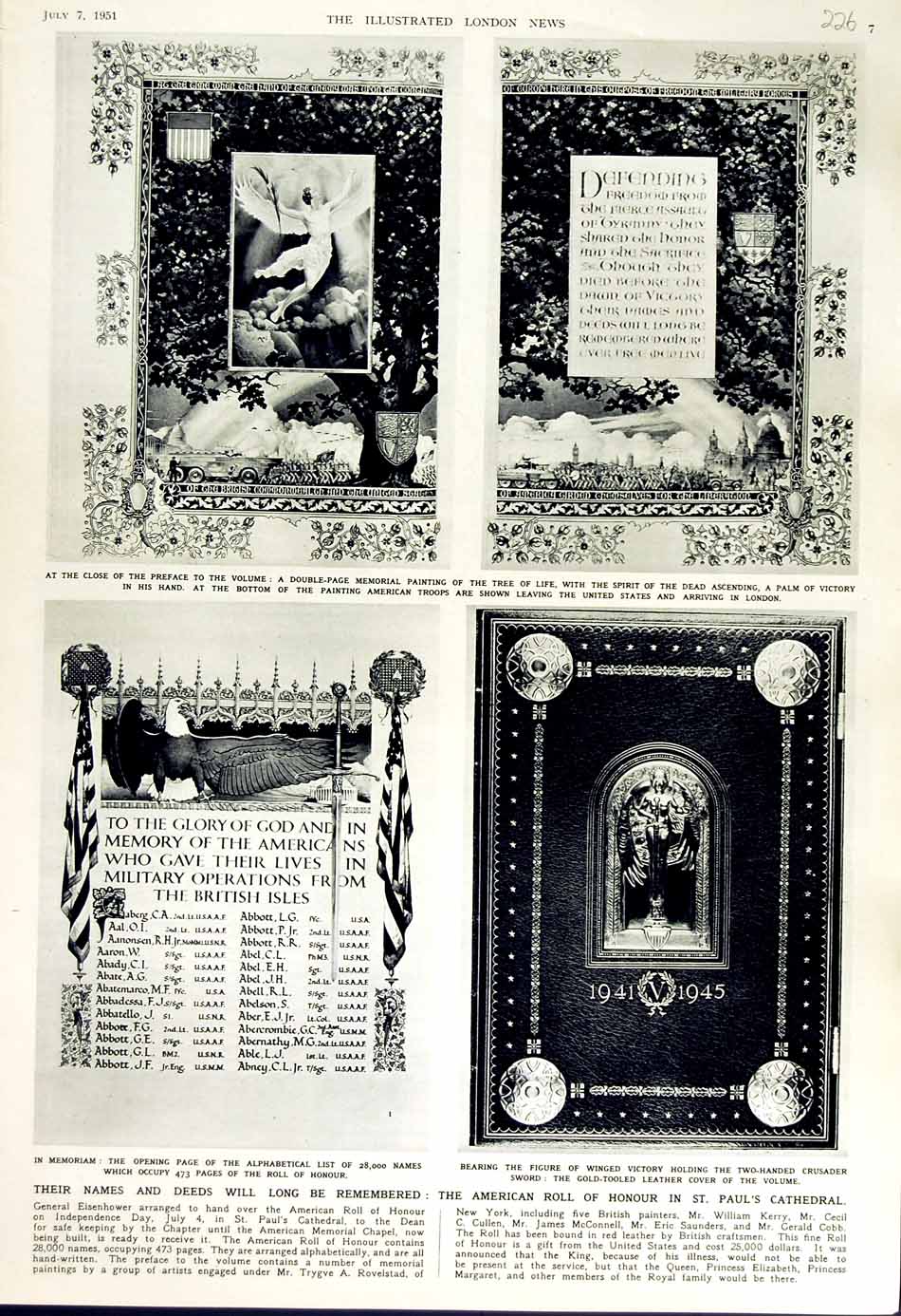 Original Old Vintage Print 1951 American Roll Honour St. Paul'S Cathedral Siers