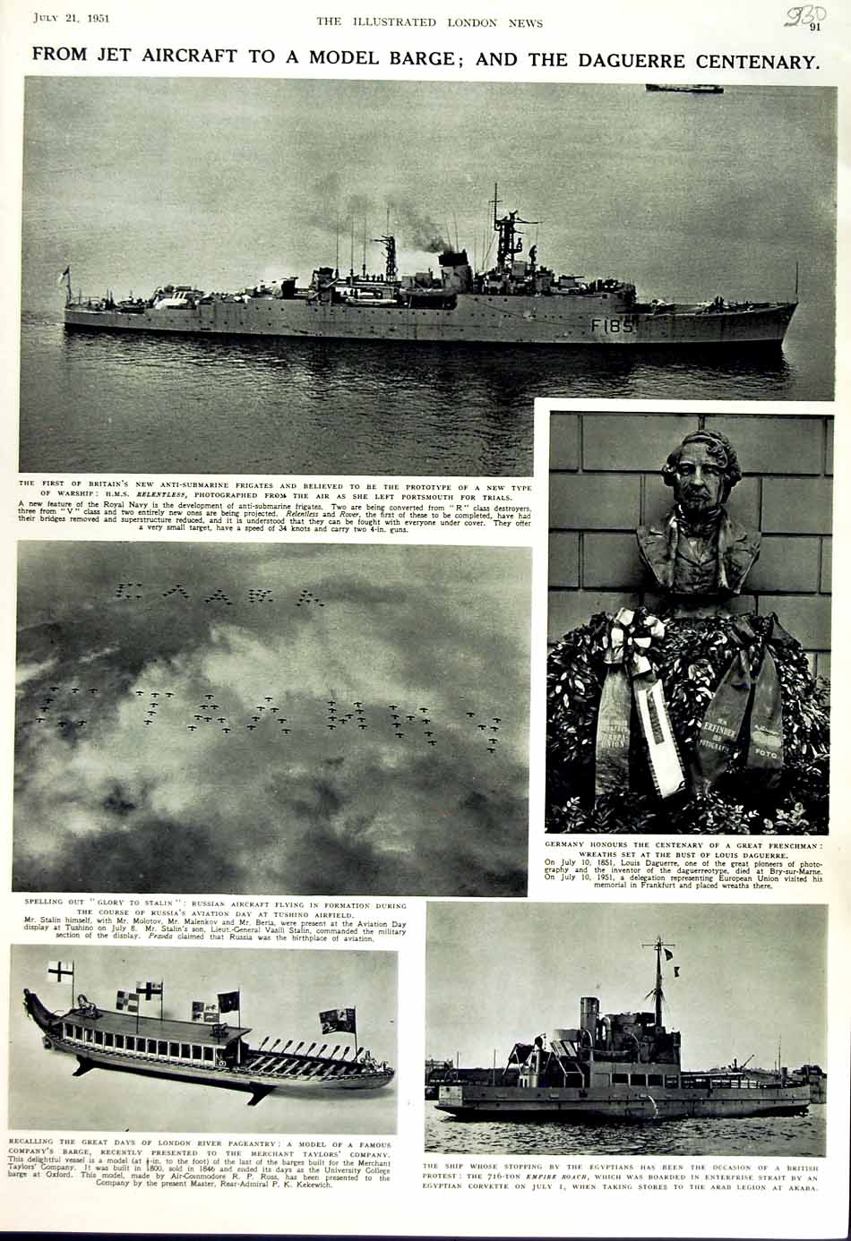 Original Old Vintage Print 1951 Frigate Ship Relentless Portsmouth Dauguerre