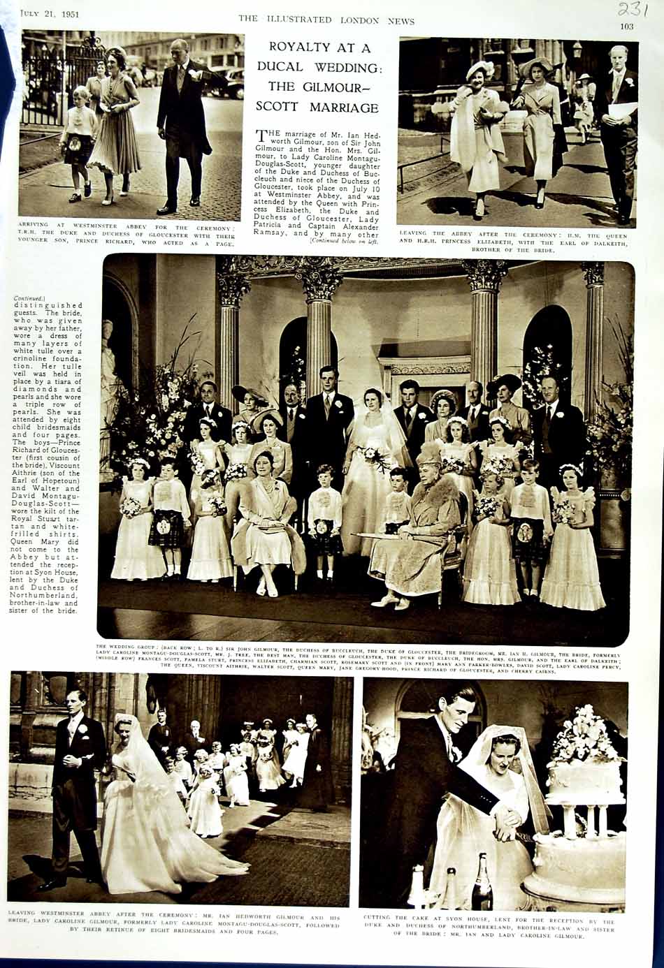 Old Vintage Print 1951 Ducal Wedding Gilmour-Scott Marriage Westminster 20th