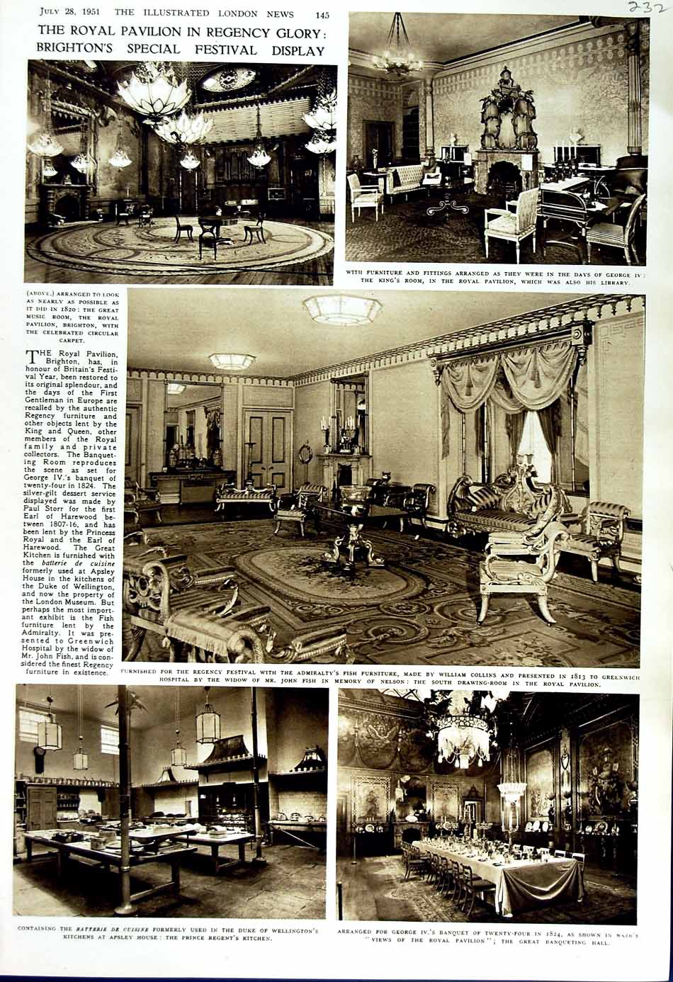 Original Old Vintage Print 1951 Royal Pavilion Brighton Prince Regent'S Kitchen