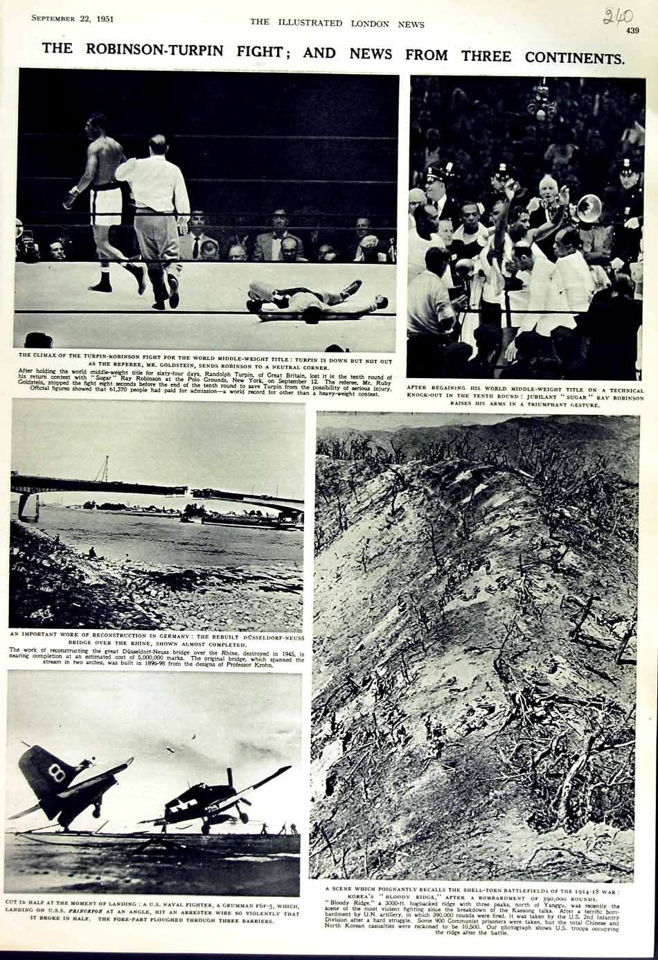 Original Old Vintage Print 1951 Boxing Robinson Turpin Korea War Field Aircraft