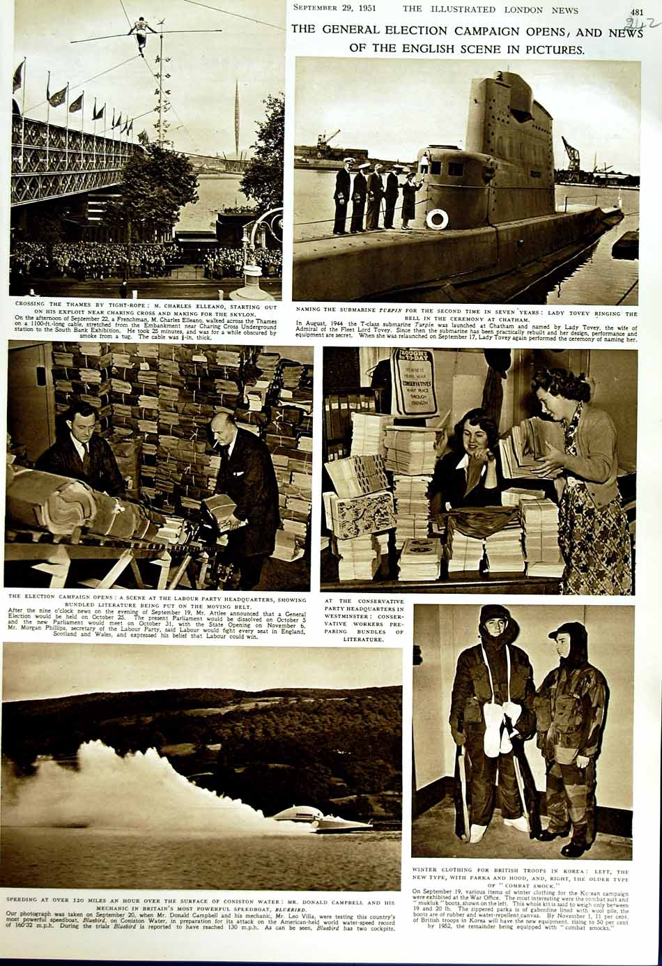 Original Old Vintage Print 1951 General Election Elleano Submarine Turpin Siers