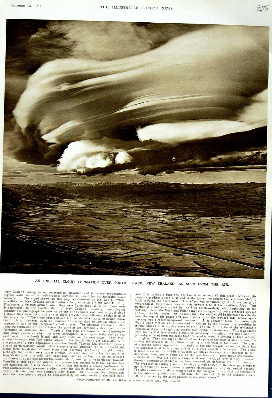 Original Old Vintage Print 1951 Cloud Formation South Island New Zealand 20th