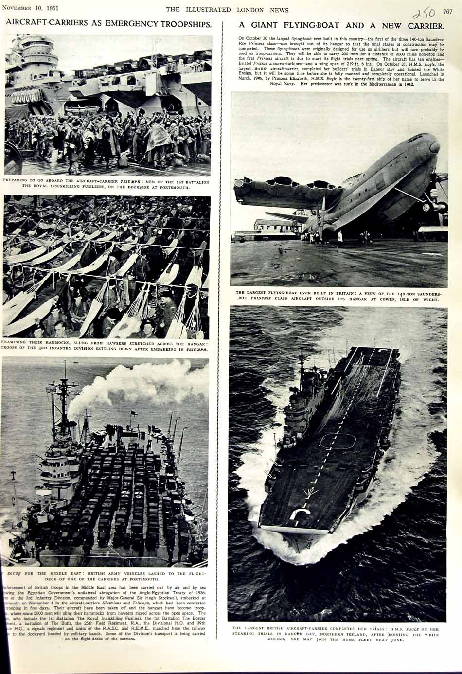 Original Old Vintage Print 1951 Aircraft Carrier Ships Eagle Portsmouth Triumph