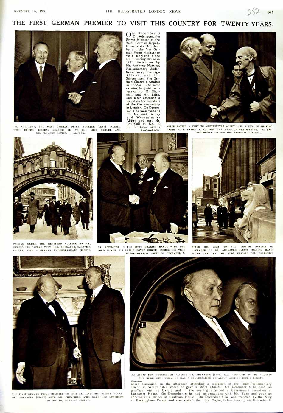 Old Vintage Print 1951 German Premier Adenauer Samuel Churchill Minister 20th