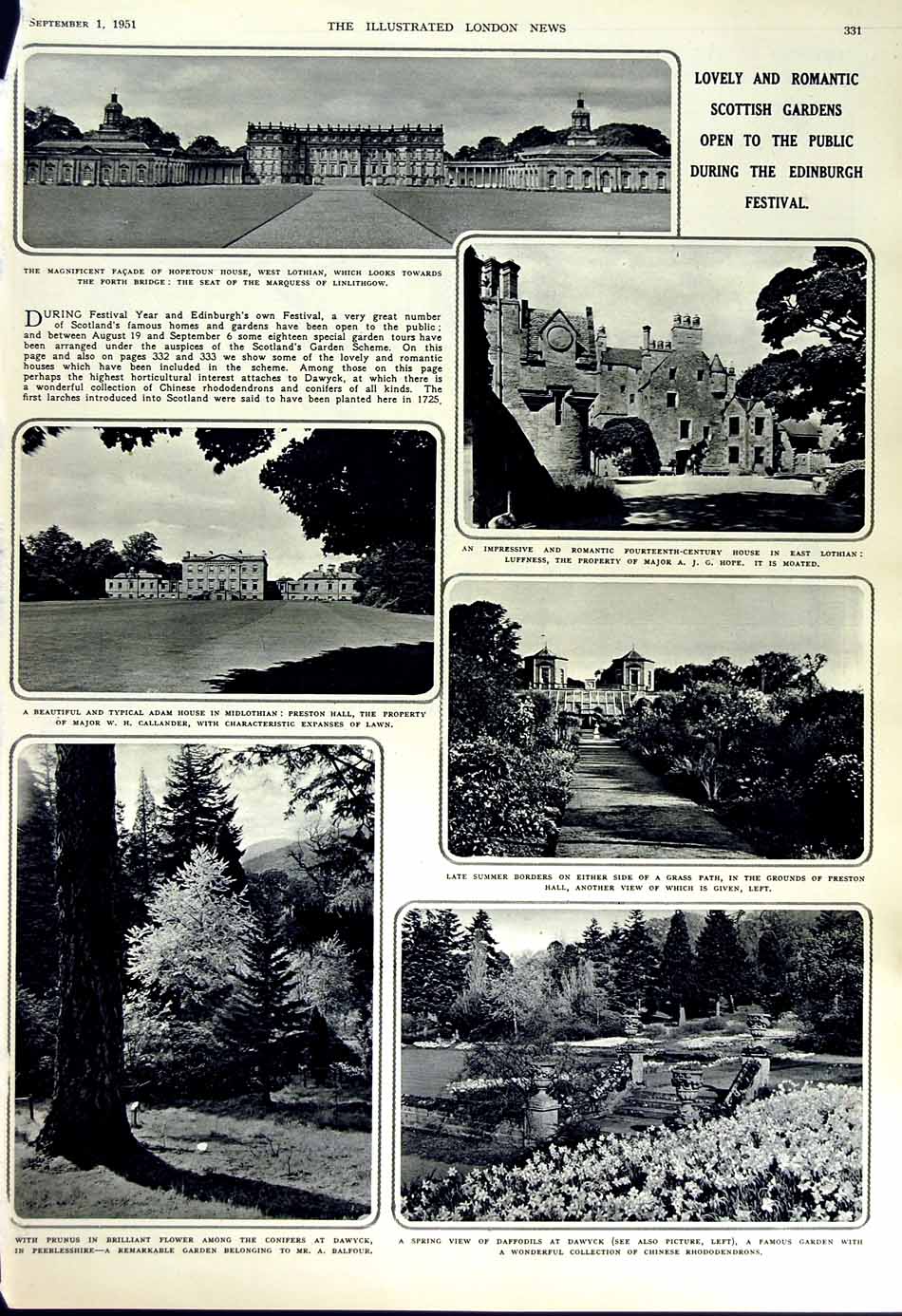 Old Vintage Print 1951 Scotland Traquair Floors Castle Hopetoun Dawyck 20th