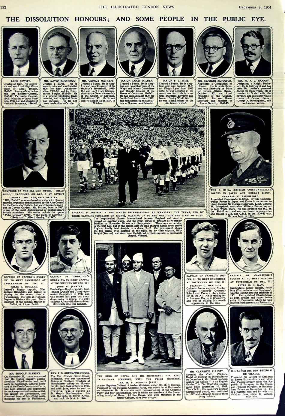 Old Vintage Print 1951 Vaughan Lyttelton Lloyd Jessup Baudouin Football 20th
