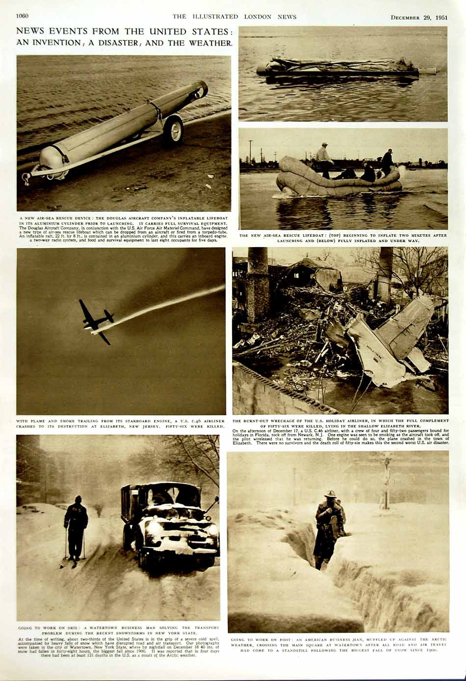Old Vintage Print 1951 America Snow Skis Watertown Aircraft Malaya War 20th