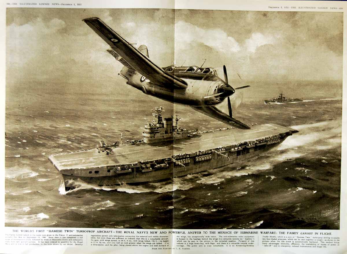 Original Old Vintage Print 1951 Fairey Gannet Siamese Twin Turbo-Prop Aircraft