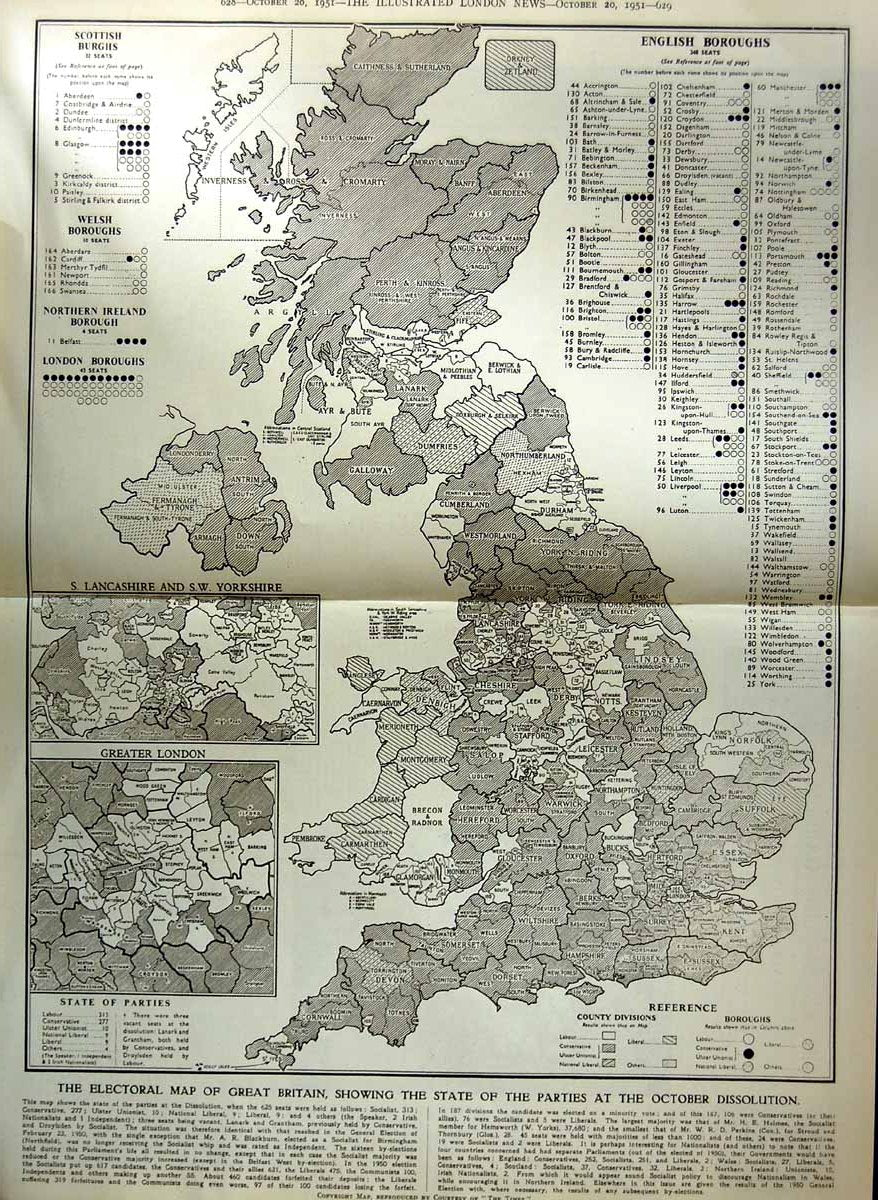 Old Vintage Print 1951 Electoral Map Great Britain Parties Dissolution 20th