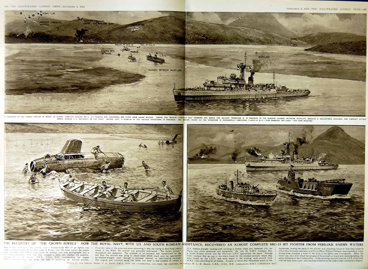 Antique Old Print 1951 Royal Navy Ships Korea War Cardigan Bay Mig-15 Jet 20th