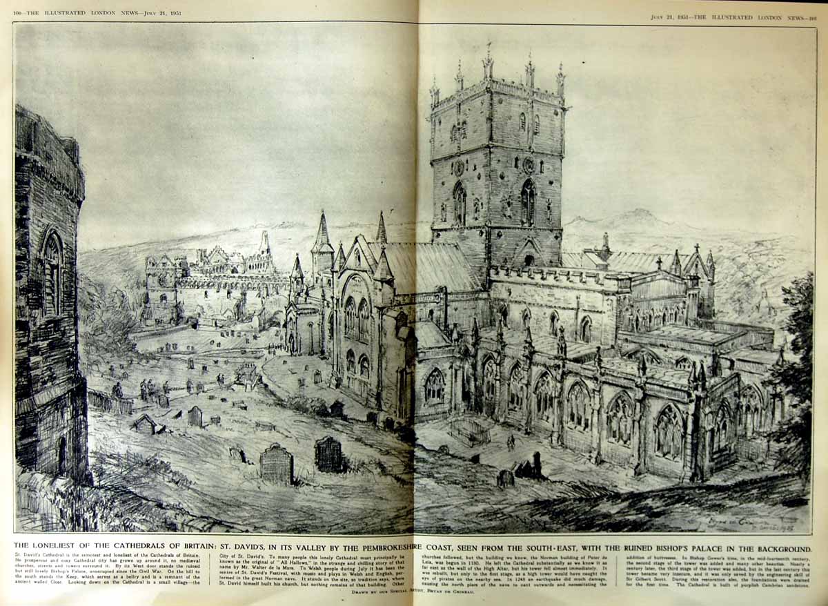 Old Vintage Print 1951 David'S Cathedral Pembrokeshire Bishop'S Palace 20th