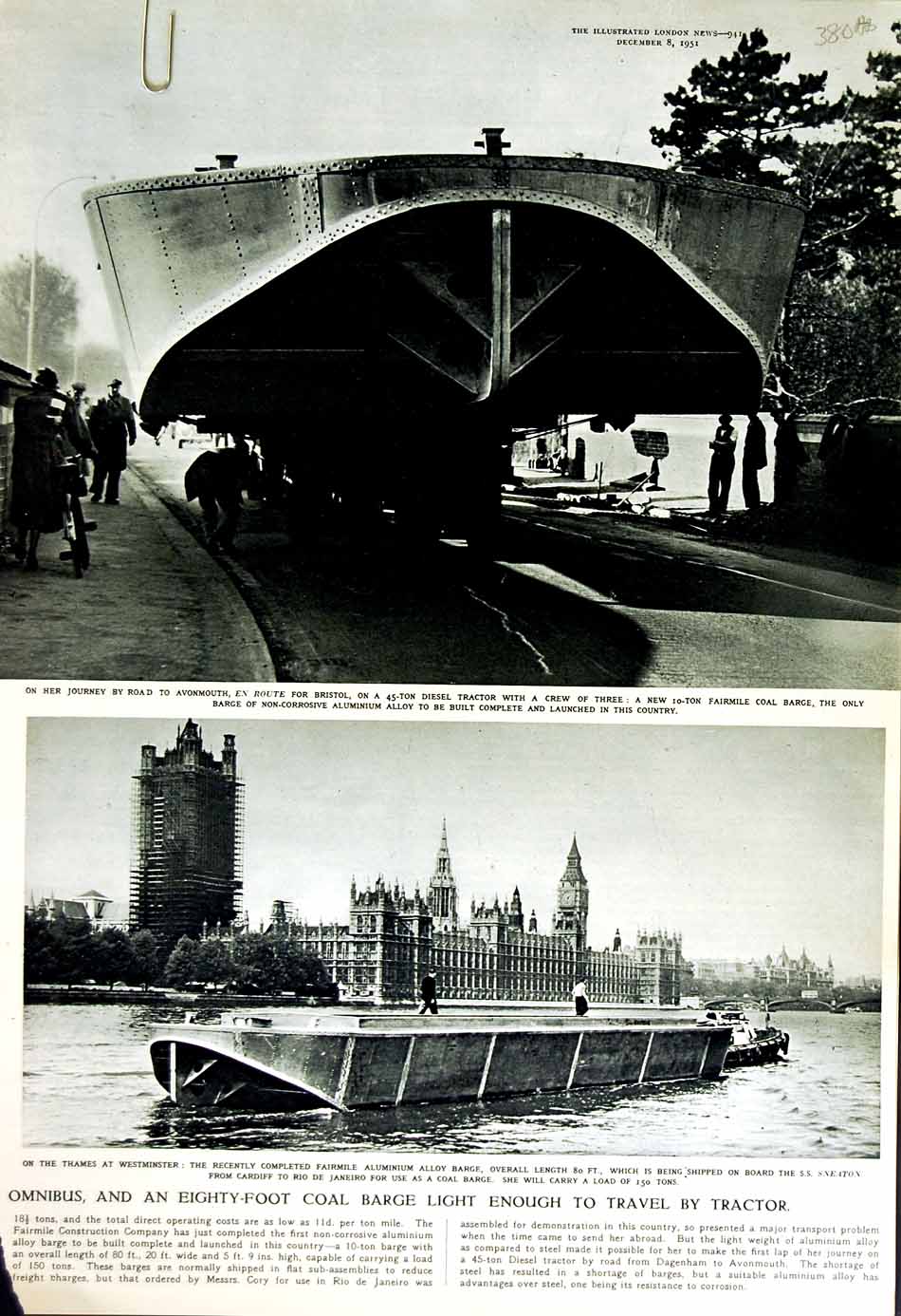 Antique Old Print 1951 River Thames London Fairmile Coal Barge Indo-China 20th