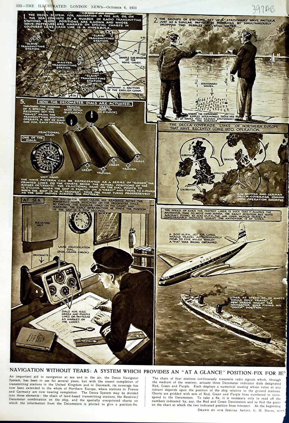 Old Vintage Print 1951 Navy Decca Navigator System Ships Art Rowlandson 20th