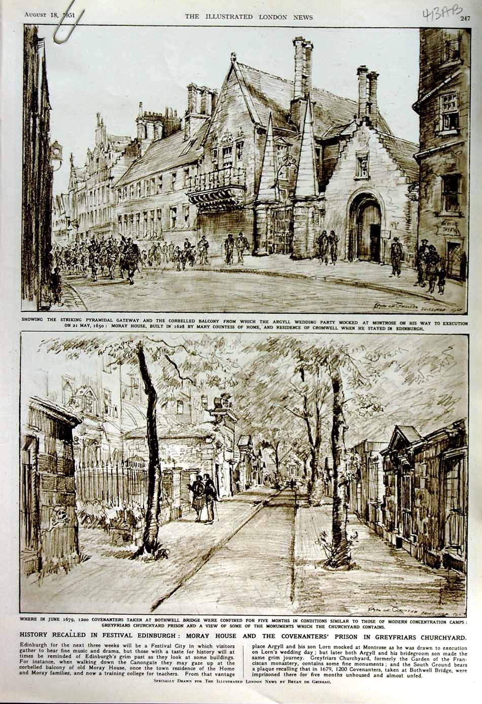 Original Old Vintage Print 1951 Edinburgh Greyfriars Churchyard Holyrood Queen