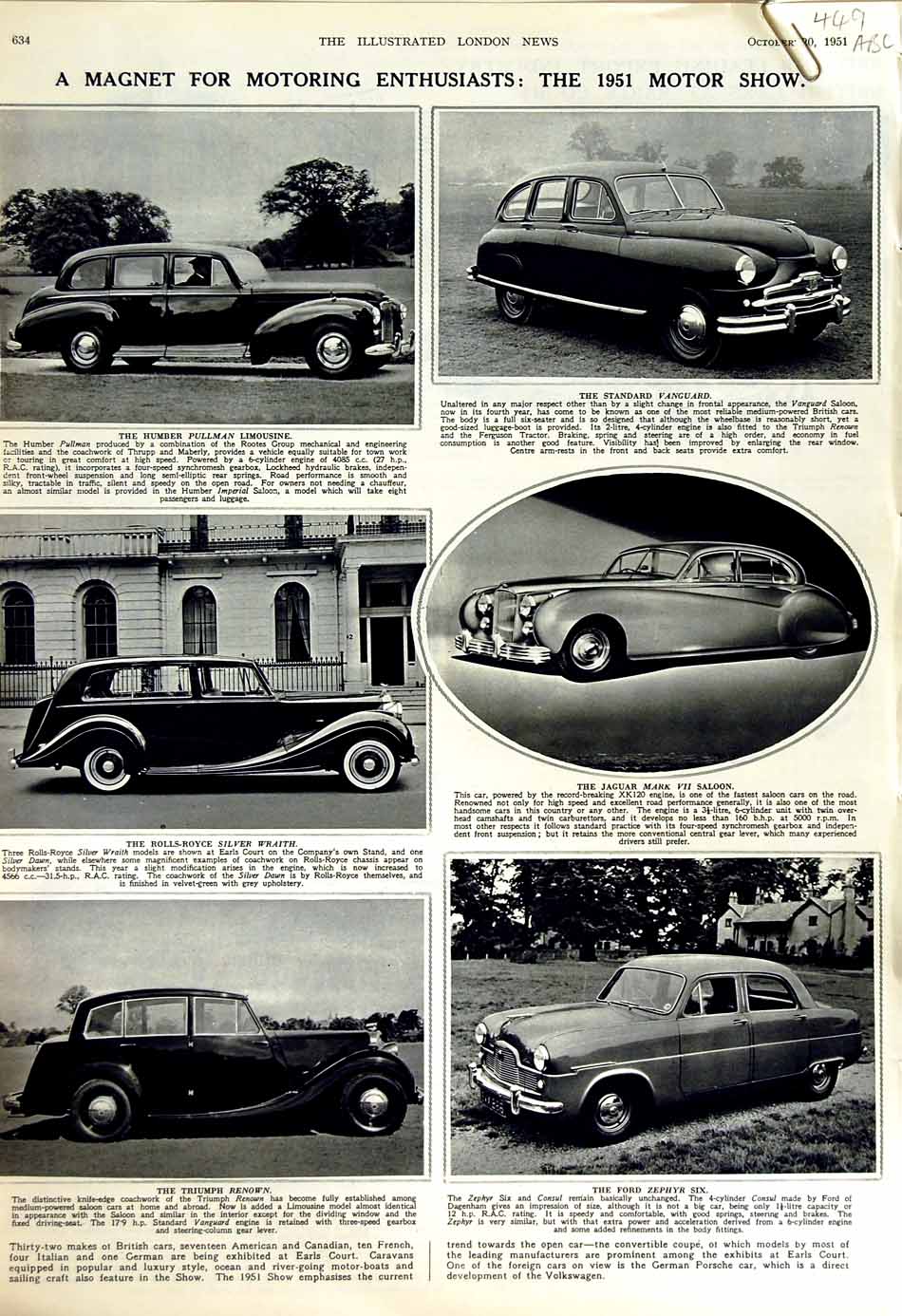 Original Old Vintage Print 1951 Motor Car Show Earls Court Ford Jaguar Humber