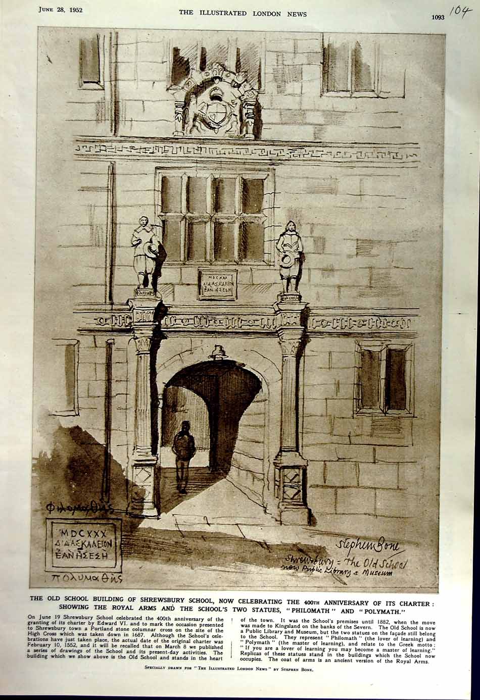 Old Vintage Print 1952 School Building Shrewsbury School Philomath Statue 20th