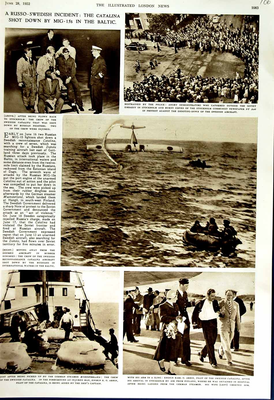 Old Vintage Print 1952 Swedish Aircraft Catalina Muensterland Arbin Pilot 20th
