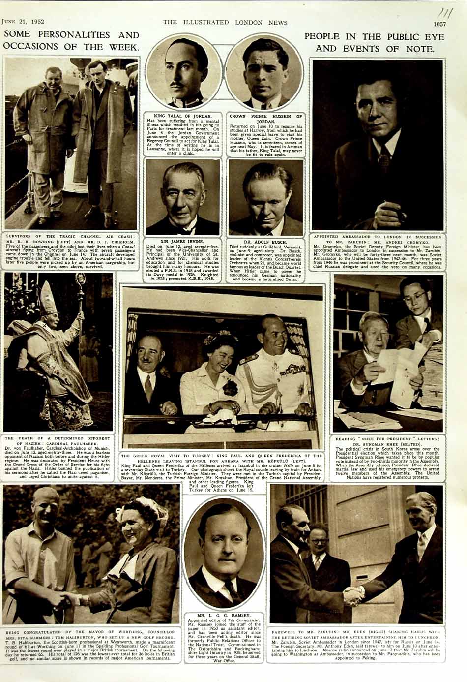 Original Old Vintage Print 1952 Jordan Talal Hussein Gromyko Ramsey Haliburton