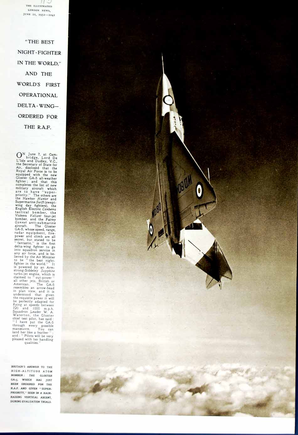 Old Vintage Print 1952 Gloster G.A-5 Operational Delta-Wing R.A.F Bomber 20th