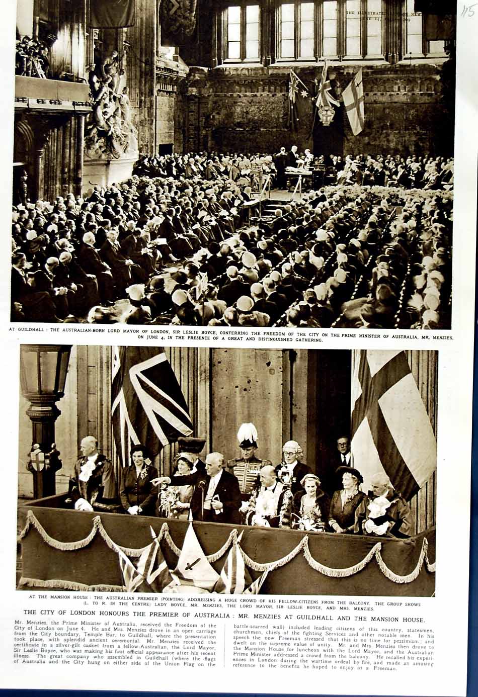 Old Vintage Print 1952 Menzies Prime Minister Australia Mansion Guildhall 20th