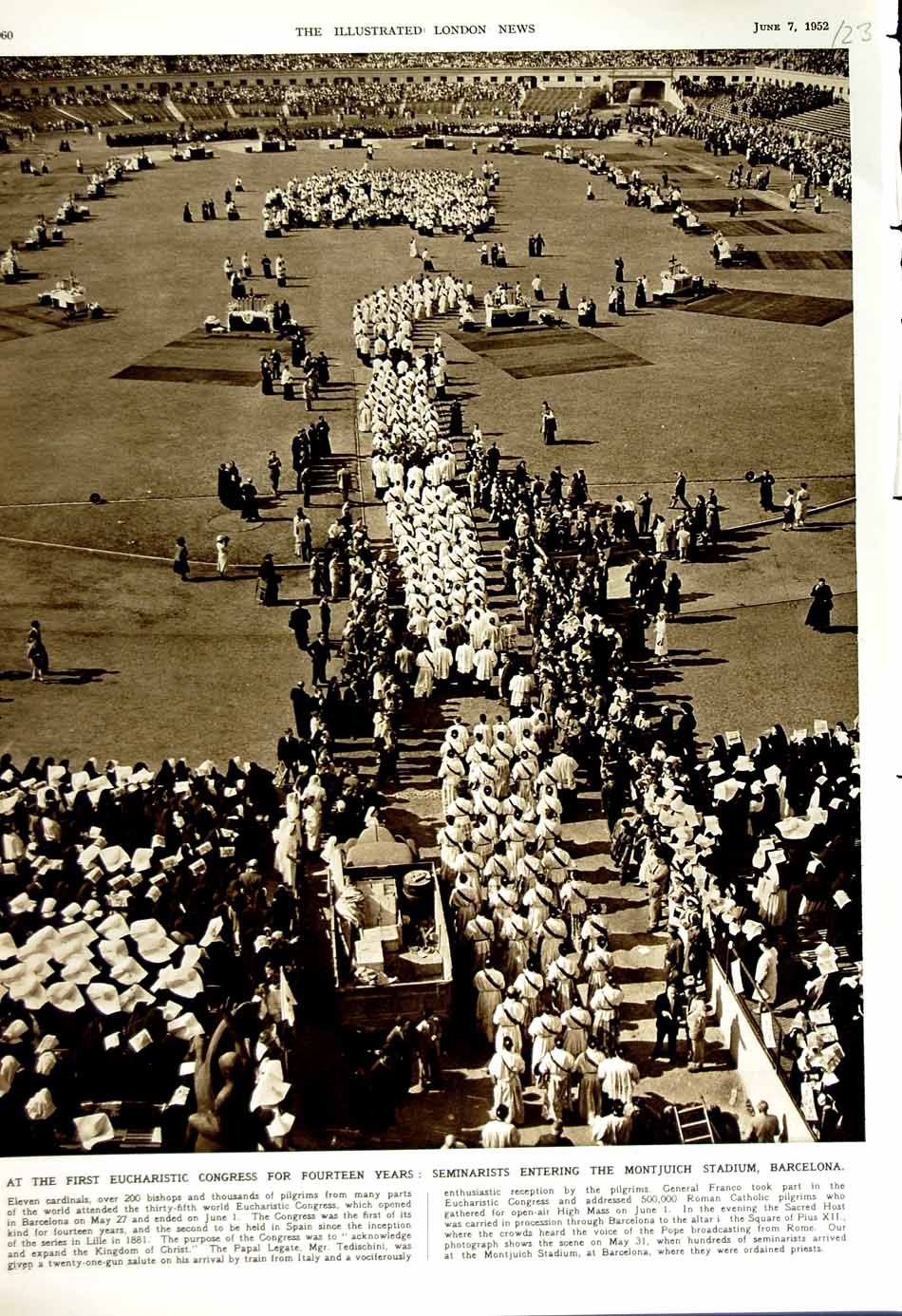 Original Old Vintage Print 1952 Echaristic Congress Montjuich Stadium Barcelona