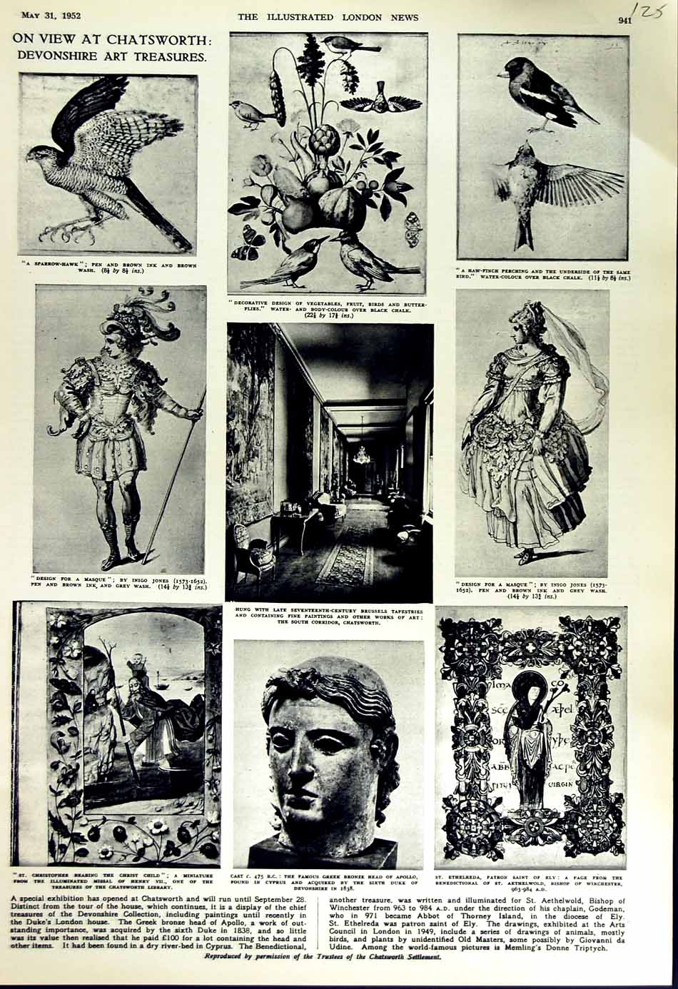 Old Vintage Print 1952 Chatsworth Art Apollo Inigo Jones Ethelreda Missal 20th