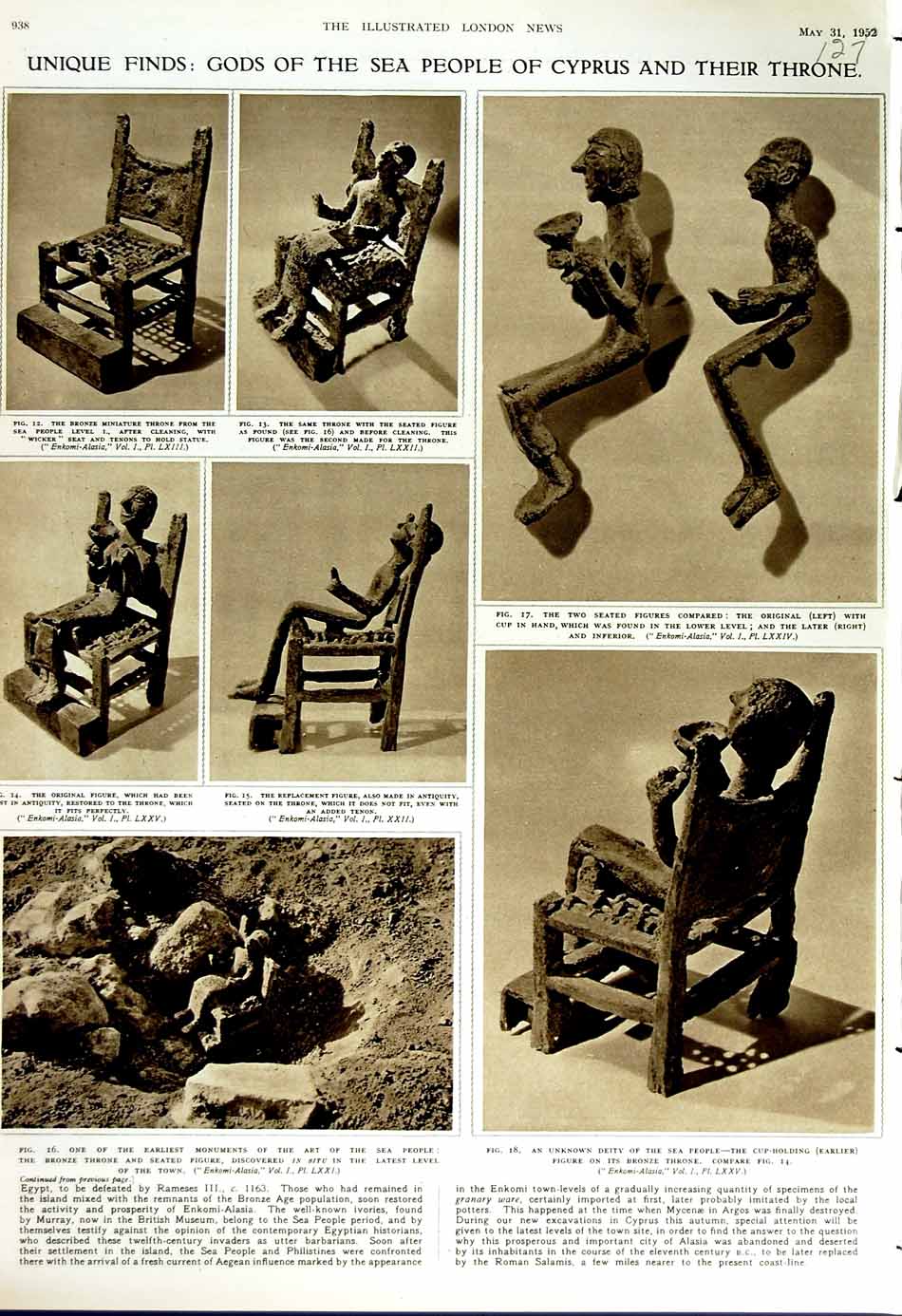 Original Old Vintage Print 1952 Gods Sea Cyprus Archaeology Bronze Throne Tenon