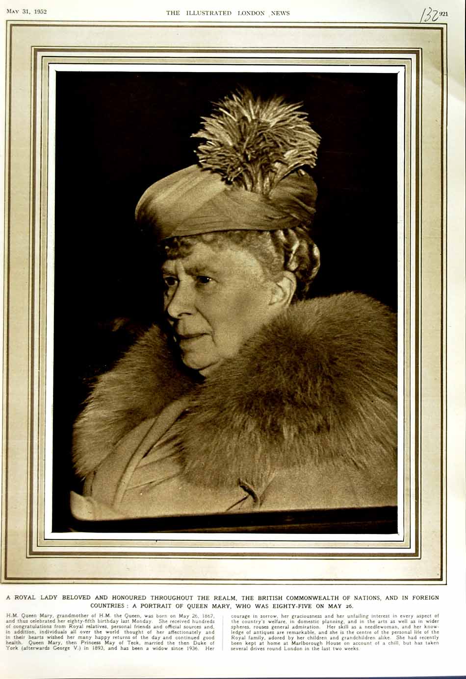 Original Old Vintage Print 1952 Portrait Queen Mary Grandmother Queen Royalty