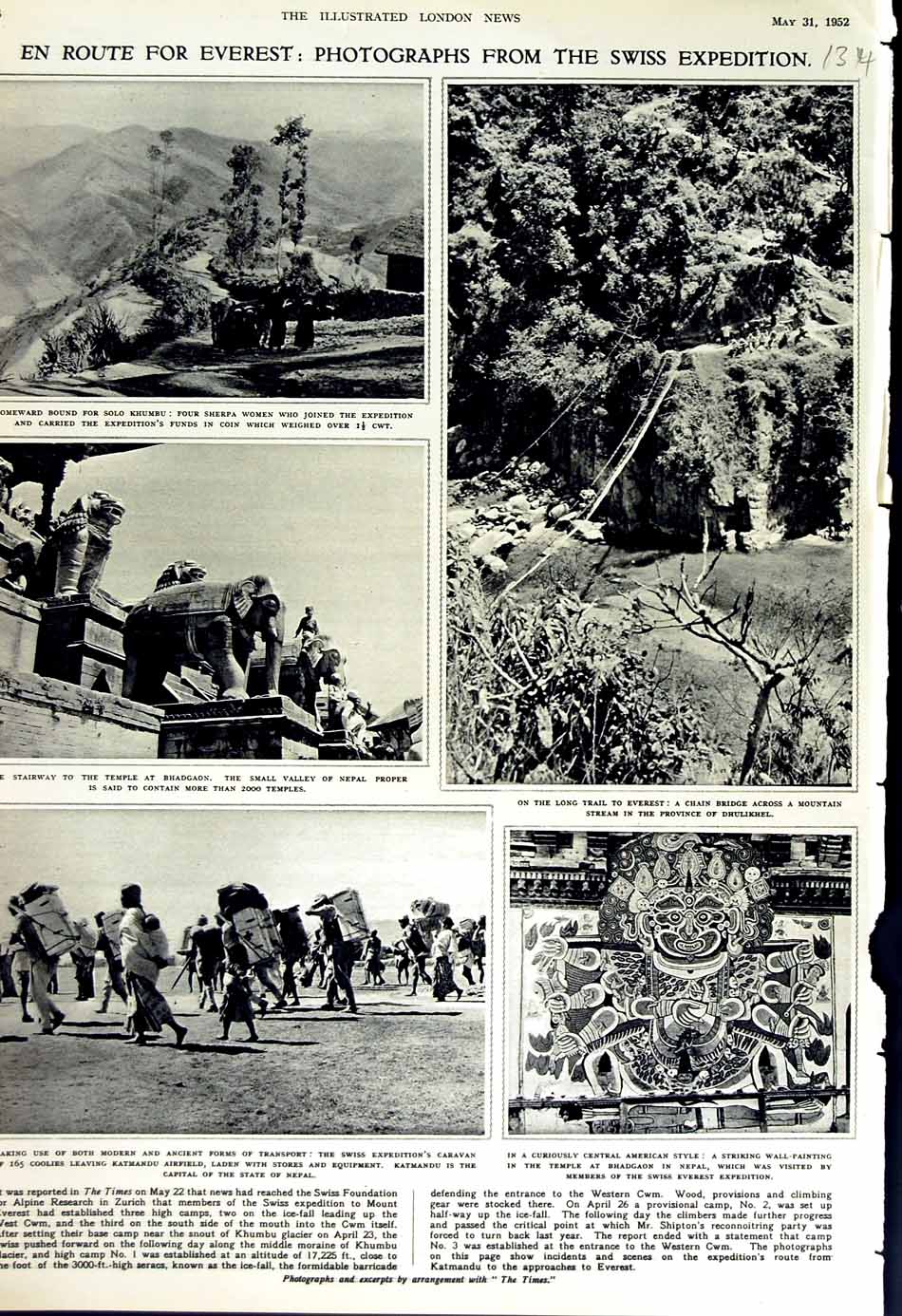 Old Vintage Print 1952 Swiss Expedition Mount Everest Bhadgaon Katmandu 20th