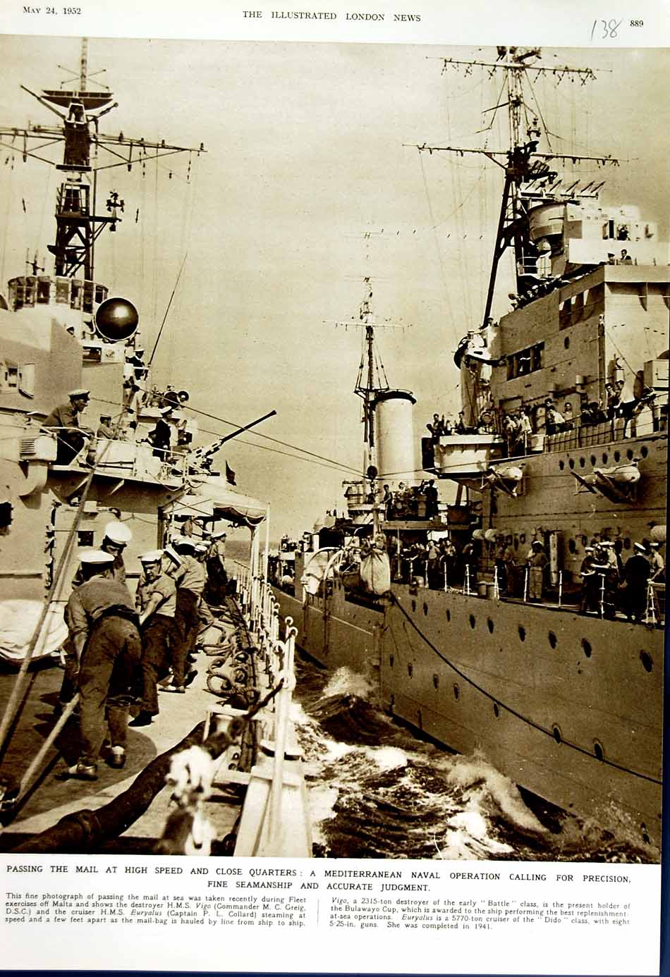 Original Old Vintage Print 1952 Ship Malta Vigo Euryalus War Mail Bags Collard
