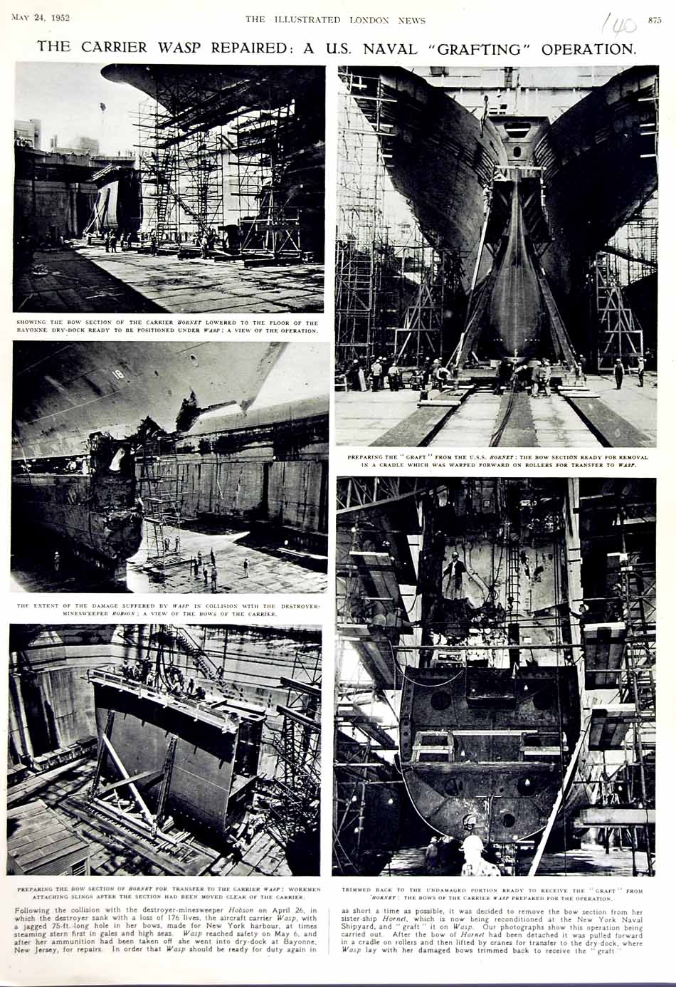 Old Vintage Print 1952 Carrier Ship Wasp Hornet America Navy Engineering 20th