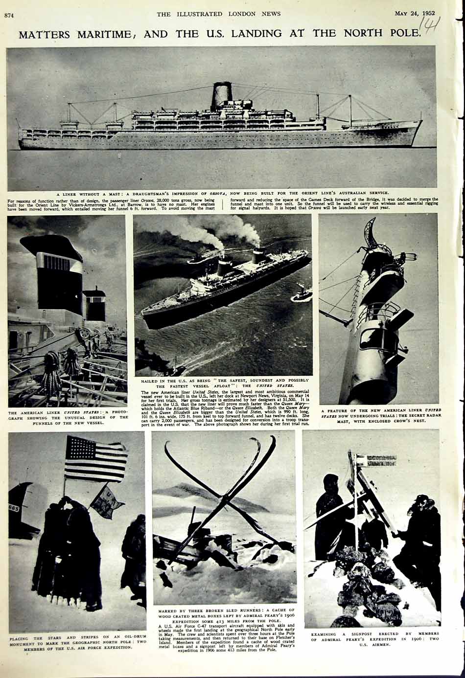 Old Vintage Print 1952 America Liner Ship Orsova North Pole United States 20th