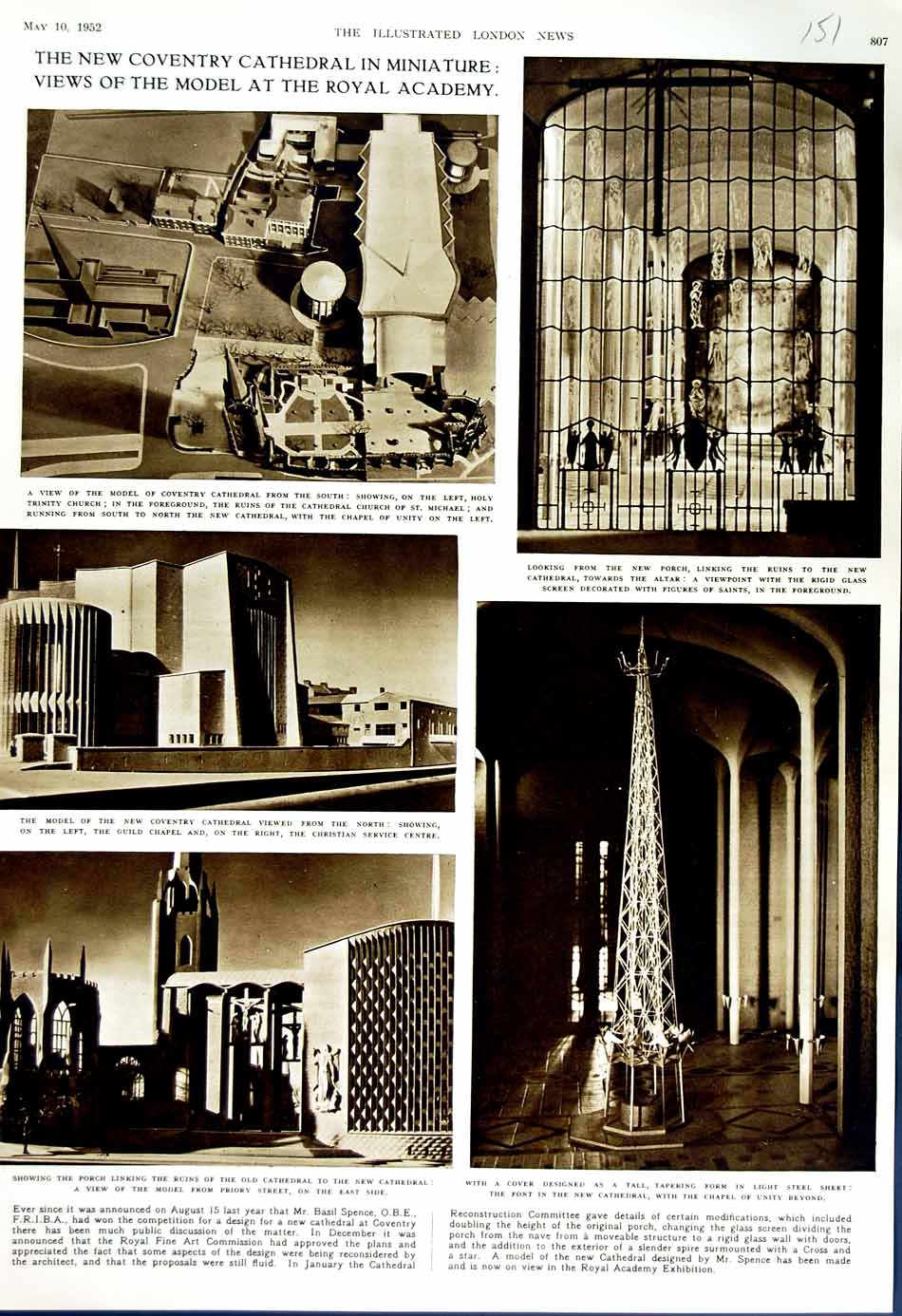 Original Old Vintage Print 1952 Coventry Cathedral Model Trinity Church England