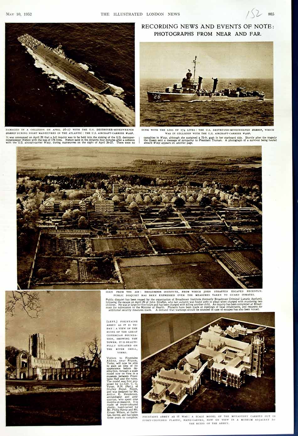 Original Old Vintage Print 1952 Minesweeper Ship Hobson Wasp Broadmoor Straffen