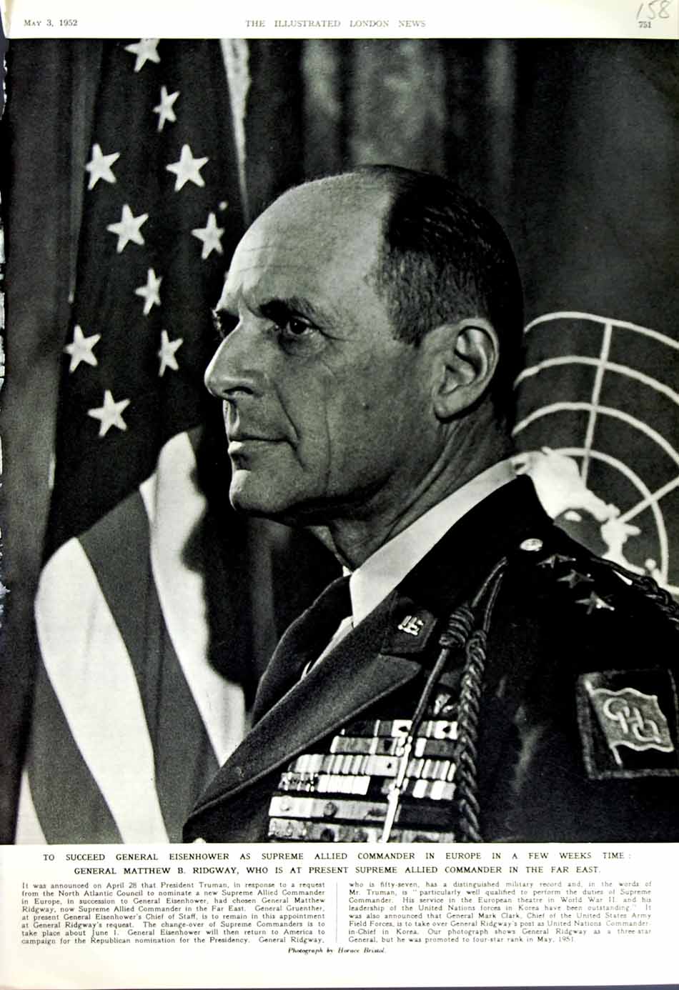 Antique Print 1952 General Matthew B. Ridgeway Supreme Allied Commnader War