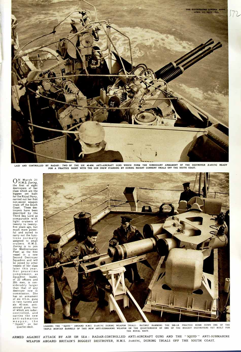 Old Vintage Print 1952 Anti-Aircraft Guns Squid Daring Ship Destroyer War 20th
