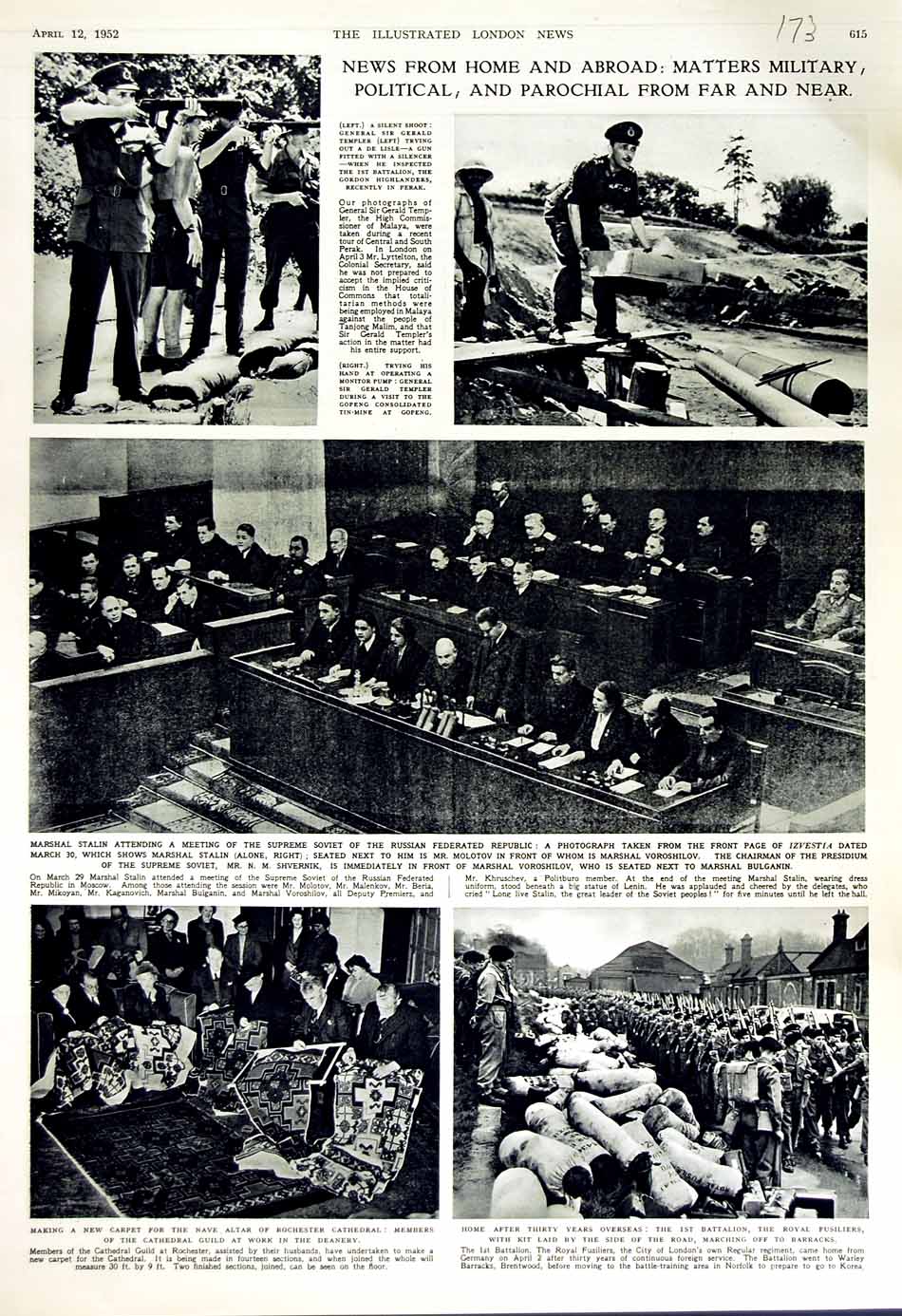 Old Vintage Print 1952 Rochester Cathedral Stalin Molotov Russia Templer 20th