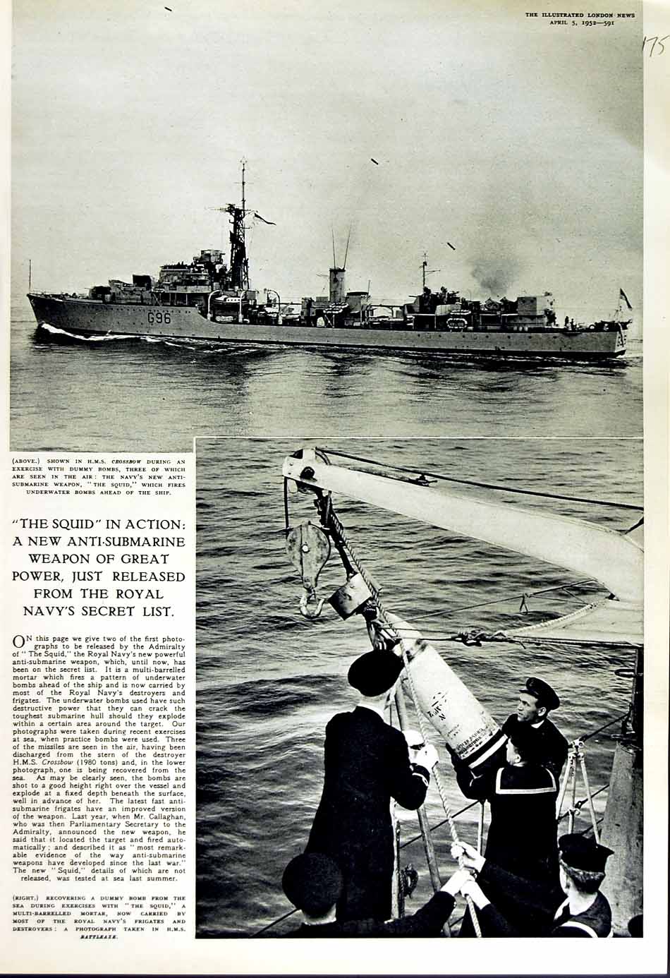 Old Vintage Print 1952 H.M.S Crossbow Submarine Weapond Squid Battleaxe 20th