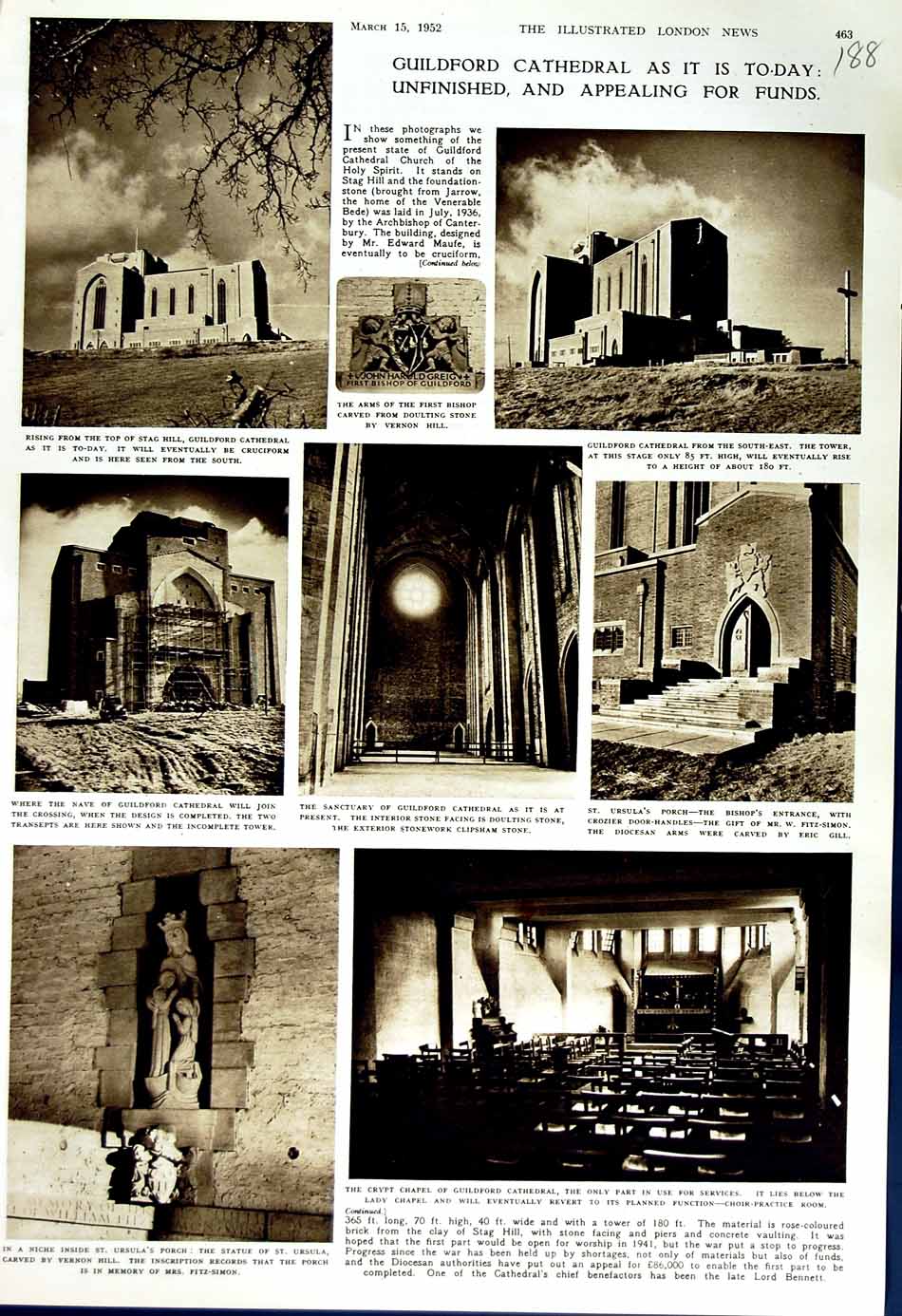 Old Vintage Print 1952 Guildford Cathedral Ursula Statue Stag Hill Bishop 20th